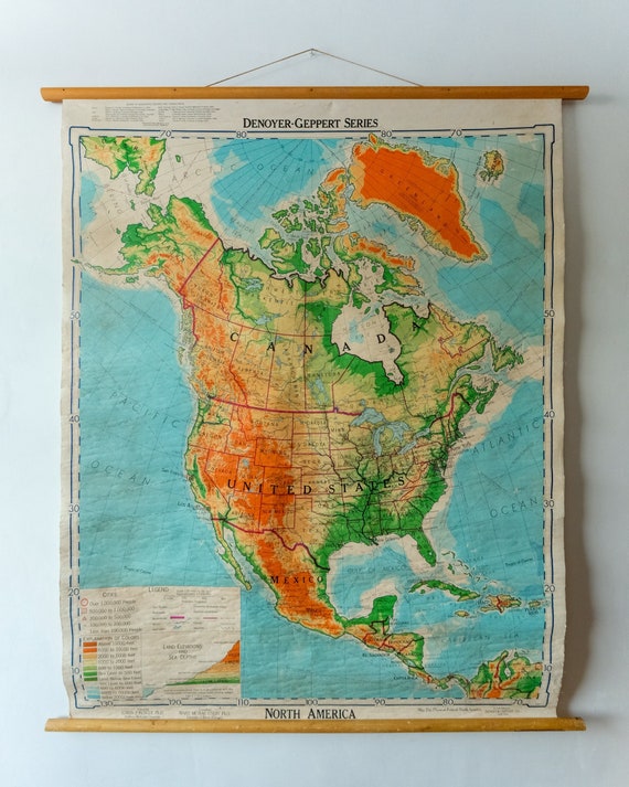 Original Large Vintage Mid Century American Educational School Wall Chart NORTH AMERICA USA Continent Denoyer-Geppert Map Beautiful