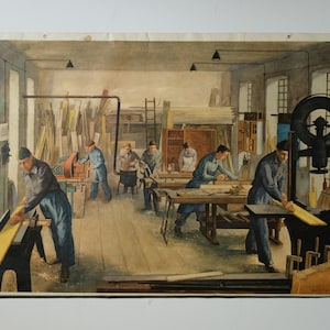 Original Vintage MID CENTURY German Educational School Everyday Scene Wood Carpentry WORKSHOP Mechanics Quittan Artist Decoration Interiors