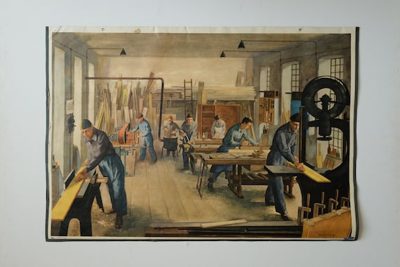 Original Vintage MID CENTURY German Educational School Everyday Scene Wood Carpentry WORKSHOP Mechanics Quittan Artist Decoration Interiors