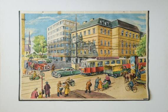 Original Vintage MID CENTURY German Educational School Everyday Scene Town TRAM Rudolf Dirr Artist Decoration Interiors