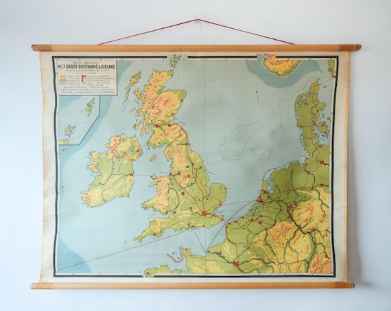 Original 1950s Vintage Mid Century Dutch Educational School Wall Chart GREAT BRITAIN Ireland MAP Beautiful Bos Geography