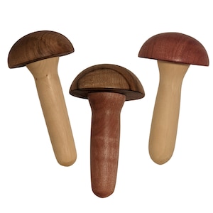 May include: Three wooden mushroom-shaped objects. One is brown, one is light brown, and one is a reddish brown.