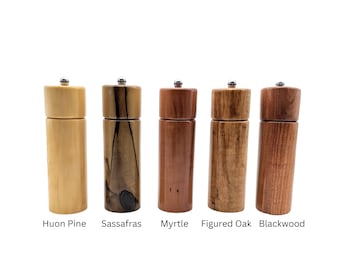 Tasmanian Timber Salt or Pepper Mills. Huon Pine, Blackwood, Sassafras, Myrtle or Figured Oak. Wood turned salt or pepper mill.