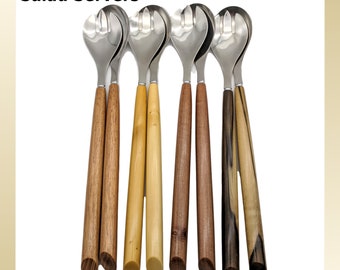 Salad Servers with Tasmanian Timber handles. Stainless steel. Huon Pine, Blackwood, Sassafras, or Myrtle.