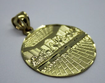 10K Yellow Solid Gold Round Last Supper Diamond Cut Pendant 3 sizes