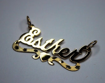 10K Solid Yellow Gold Personalized Custom Handmade Name Pendant Charm with Heart Diamond Cut