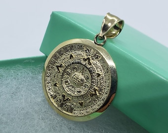 14K Solid Yellow Gold Aztec Mayan Sun Calendar Charm Pendant 3 Sizes