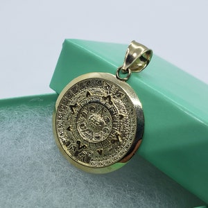 10K Solid Yellow Gold Aztec Mayan Sun Calendar Charm Pendant 3 Sizes