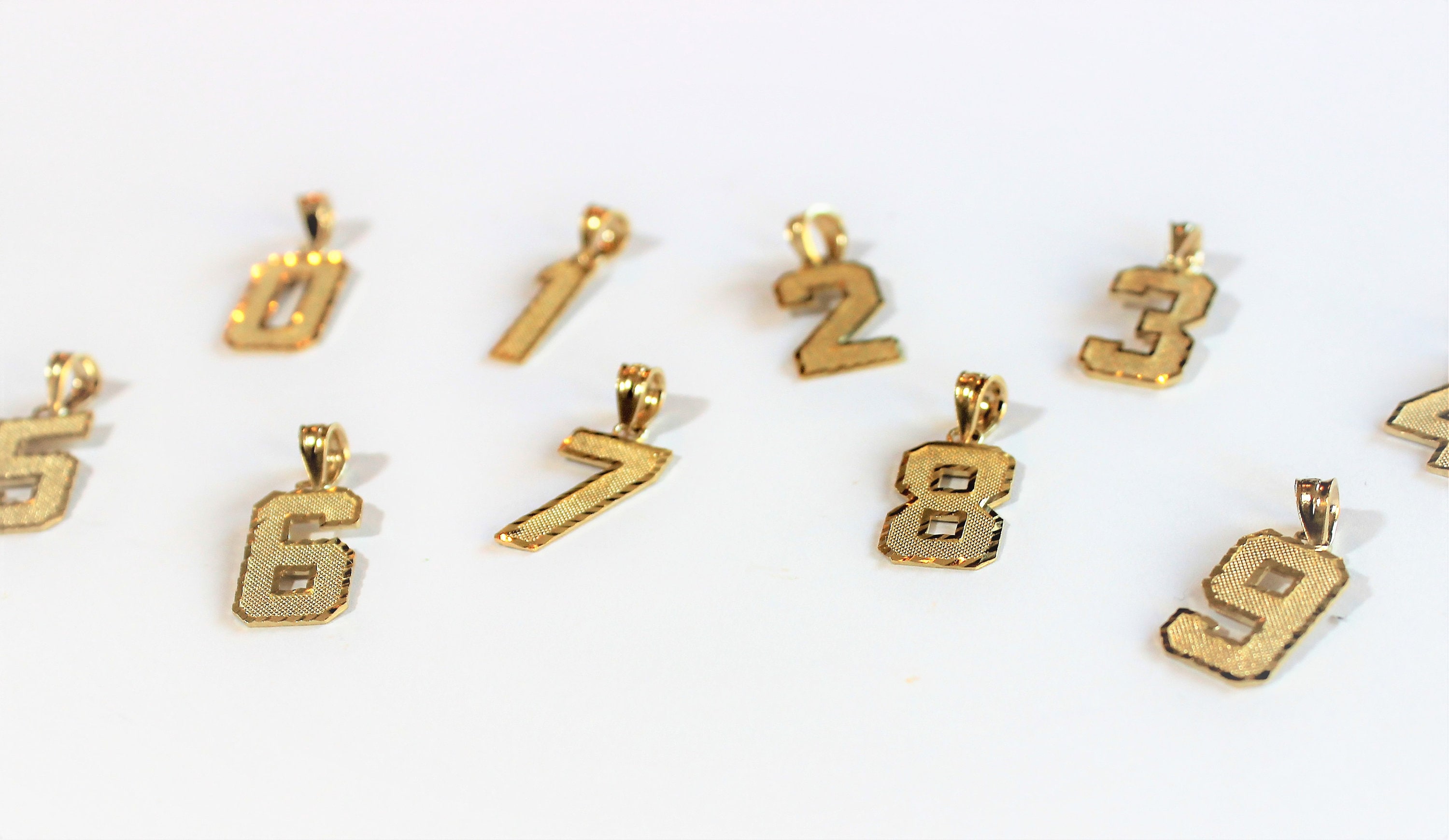 10K Solid Yellow Gold Number Digit Charm Pendant 0-9 Diamond Cut 2 Sizes