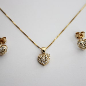 14K Yellow Gold Heart CZ Set Pendant Earrings Box Chain Necklace