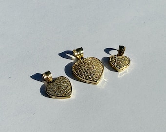 10K Yellow Gold Heart Pendant Charm with CZ 3 sizes