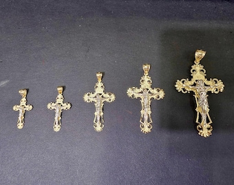 10K Yellow & White Two-Tone Gold Filigree Crucifix Cross Jesus Pendant Charm (Pendant Only)