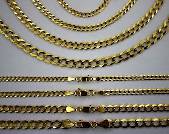 10K Solid Yellow Gold Flat Cuban Link Chain Necklace Bracelet Anklet for Men Women 2.5mm ~ 14mm 7" ~ 9" / 16" ~ 36"