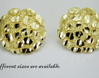 14K Gold Authentic Nugget Round Diamond Cut Stud Earrings for Men Women
