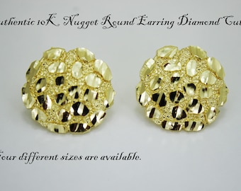 10K Gold Authentic Nugget Round Diamond Cut Stud Earrings for Men Women