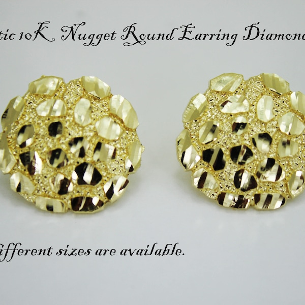 10K Gold Authentic Nugget Round Diamond Cut Stud Earrings for Men Women