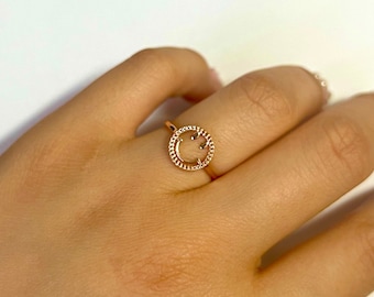 14K Solid Rose Gold Dainty Smile Face Ring Band