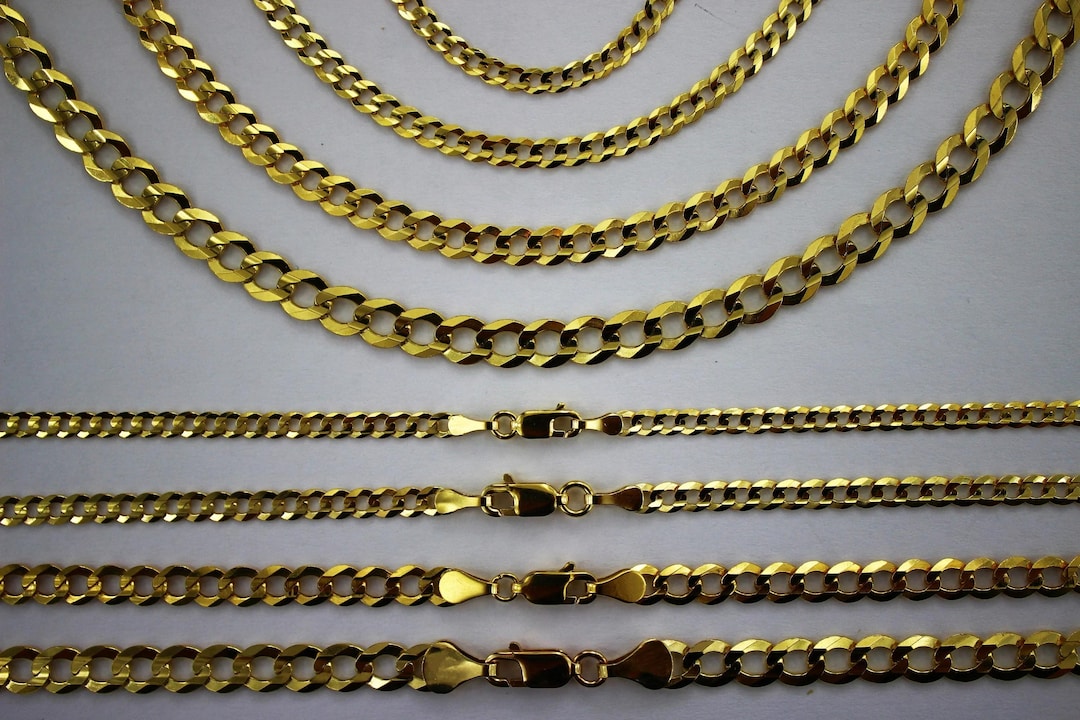 14K Solid Gold Flat Cuban Link Chain Necklace Bracelet for Men Women ...