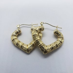 10K Yellow Gold Door Knocker Heart Bamboo Hoop Earrings 2 Sizes