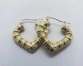 10K Yellow Gold Door Knocker Heart Bamboo Hoop Earrings 2 Sizes