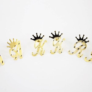 10K Yellow Gold Initial Earrings Diamond Cut with Crown for Men Women A ~ Z
