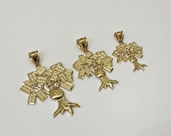 10K Solid Yellow Gold Lucky Money Bag Tree Pendant Sizes