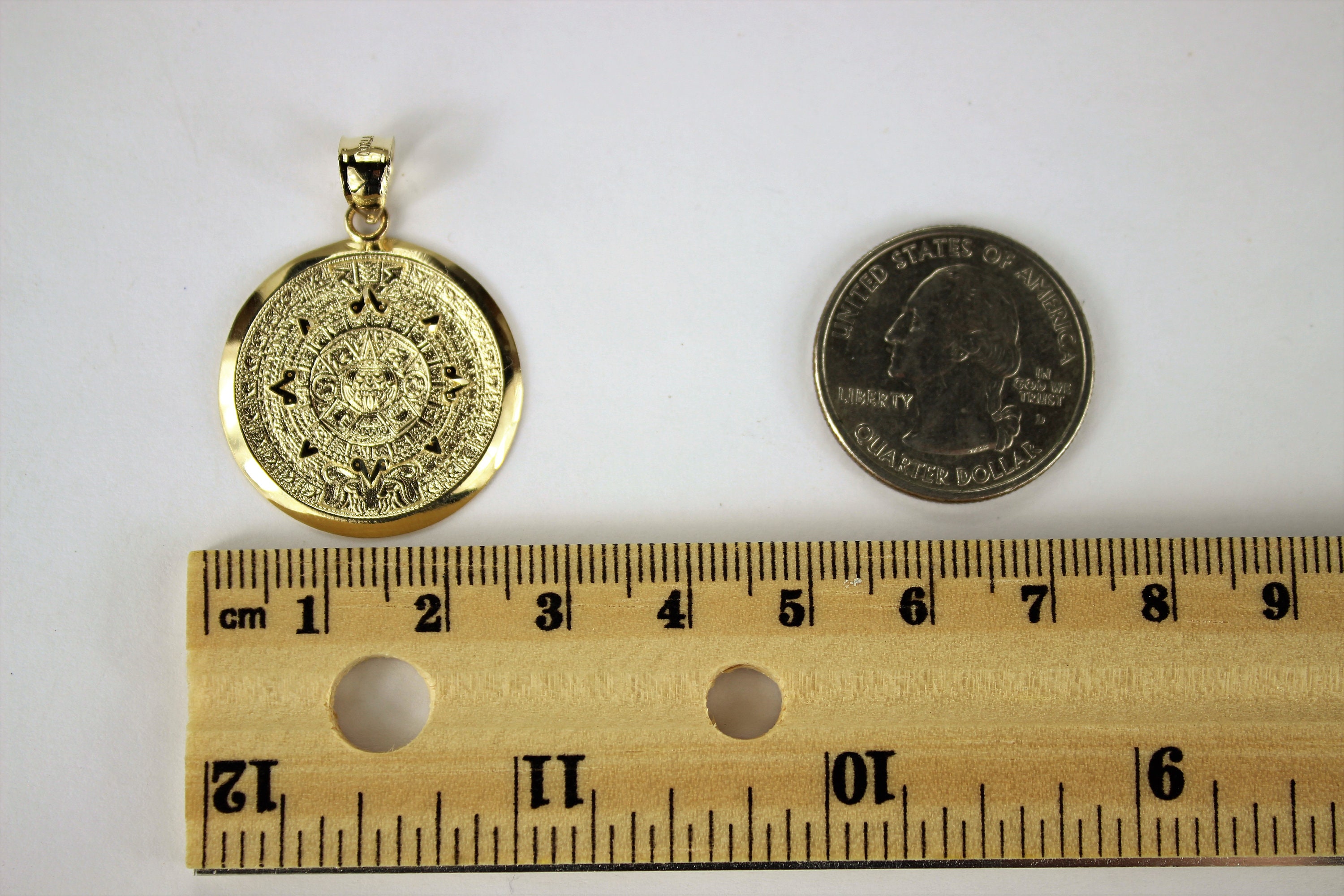 thumbnail image 2 of 14k Solid Yellow Gold Aztec Sun Calendar Pendant Charm – 1.4in Mayan Sun Pendant, Handmade In Italy 2 of 5