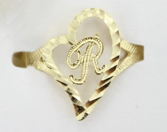 10k Solid Yellow Gold Slanted Heart Initial Letter Alphabet Ring