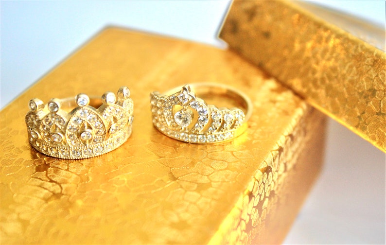 10k Solid Yellow Gold Cubic Zirconia Polished Crown Ring 2 Styles