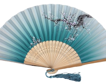 Fächer Handfächer Sommerfächer Türkis Blau, Nylon Stoff, Maße offen: ca. 37 x 21 x 2,5 cm, 1 Stück