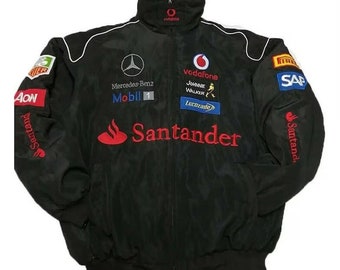 Veste de course Santander unisexe Mercedes Benz Racing Jacket Rare Style Street Wear F1 Fasion Veste brodée noire