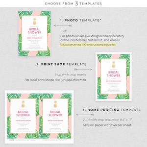 Tropical Bridal Shower Invitation, Editable PDF Instant Download. Tropical shower invitations in pink and gold, with a gold pineapple image 4