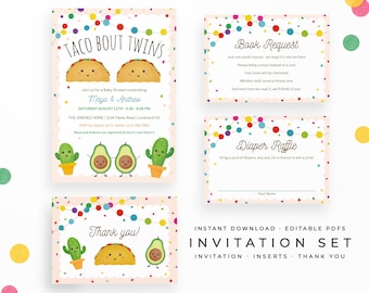 Taco bout Twins Invitation Set. Instant download Editable PDFs: Fiesta Theme Twin Shower Invitation, Book Request, Diaper Raffle, Thank you