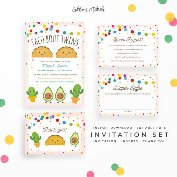 Taco bout Twins Invitation Set. Instant download Editable PDFs: Fiesta Theme Twin Shower Invitation, Book Request, Diaper Raffle, Thank you