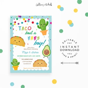 Taco bout a Baby Boy! Instant Download, Editable PDF. Fiesta shower invitations with cute Taco, Cactus & Avocado!