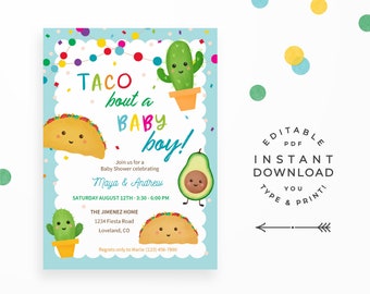 Taco bout a Baby Boy! Instant Download, Editable PDF. Fiesta shower invitations with cute Taco, Cactus & Avocado!