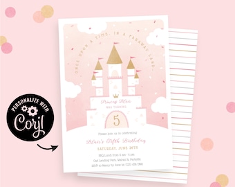 Princess Birthday Invitation, Editable Online with Corjl Template. Simple, Cute Princess Castle Party Invites in Pink