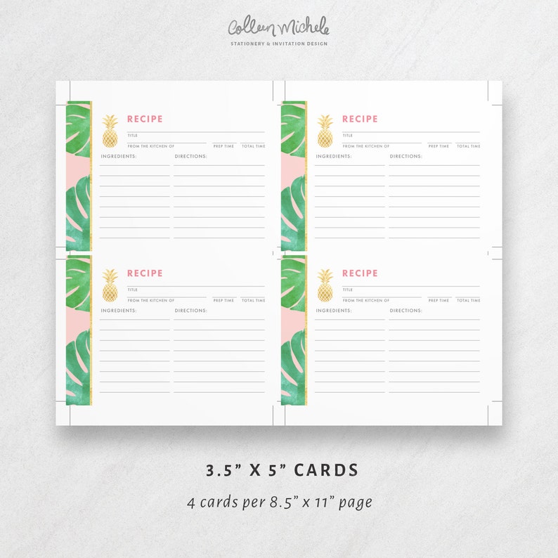 Tropical Recipe Cards Printable, with a pink and gold pineapple theme. Instant download PDF with a cute 4x6 recipe card for a bridal shower. image 3
