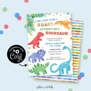 Dinosaur Birthday Invitation Corjl invite instant download. Stomp Chomp Roar Kids birthday party invite with colorful cute dinosaurs image 1