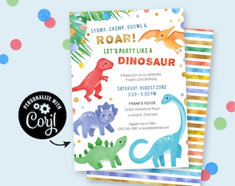 Dinosaur Birthday Invitation | Corjl invite instant download. Stomp Chomp Roar! Kids birthday party invite with colorful cute dinosaurs!