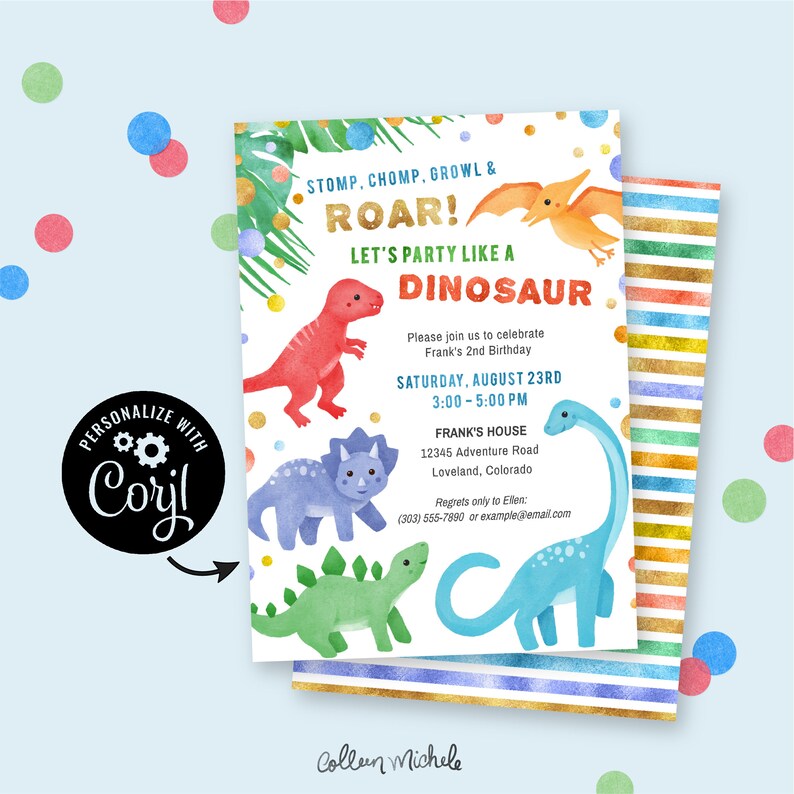 Dinosaur Birthday Invitation Corjl invite instant download. Stomp Chomp Roar Kids birthday party invite with colorful cute dinosaurs image 1