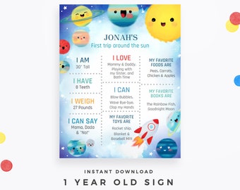 My First Trip Around the Sun! Outer Space First birthday poster, editable PDF instant download. DIY the details for your one-year-old!