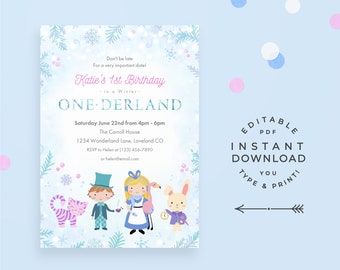 Winter Alice in Onederland Birthday Invitation. Editable PDF, instant download Alice in Wonderland Winter 1st Birthday Invite!