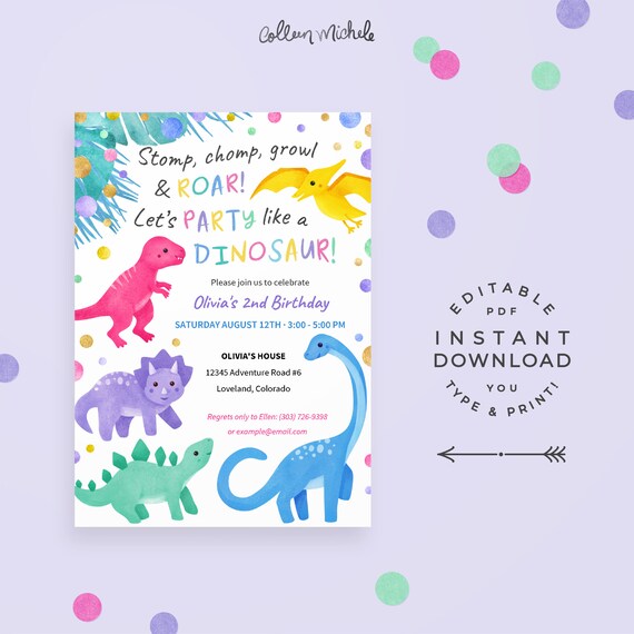 Dinosaur Birthday Invitation Girl, Instant Download Editable PDF. Stomp Chomp Roar! Girls birthday party invites with cute dinosaurs! Il_570xn