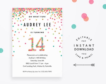 Girl 14th Birthday Invitation, Instant Download Printable PDF. 14 year old girl birthday party invites in mint, teal, pink and gold confetti