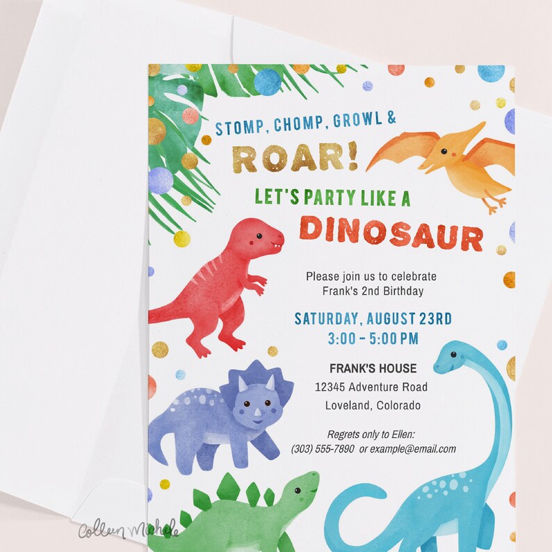 Dinosaur Birthday Invitation Corjl invite instant download. Stomp Chomp Roar Kids birthday party invite with colorful cute dinosaurs image 4