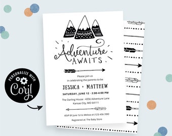 Black + White Adventure Baby Shower Invitation | Corjl Invitation, editable online. "Adventure Awaits" in a simple, modern mountain design