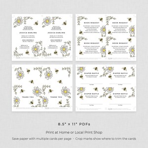 Bee Baby Shower Invitation Set, Instant Download Book Request, Diaper Raffle, Thank You Card. Bumblebee editable PDF printables in yellow image 4