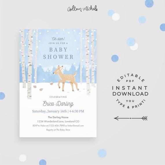 Winter Baby Shower Invitation, "Oh Deer!" Instant Download PDF Printable Invite. Cute deer in a snowy winter woodland baby shower invite! Il_570xn