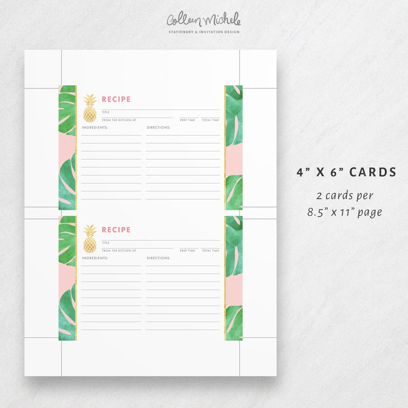 Tropical Recipe Cards Printable, with a pink and gold pineapple theme. Instant download PDF with a cute 4x6 recipe card for a bridal shower. image 2